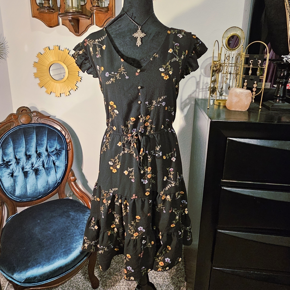 Floral Black Dress with Ruffle Sleeves